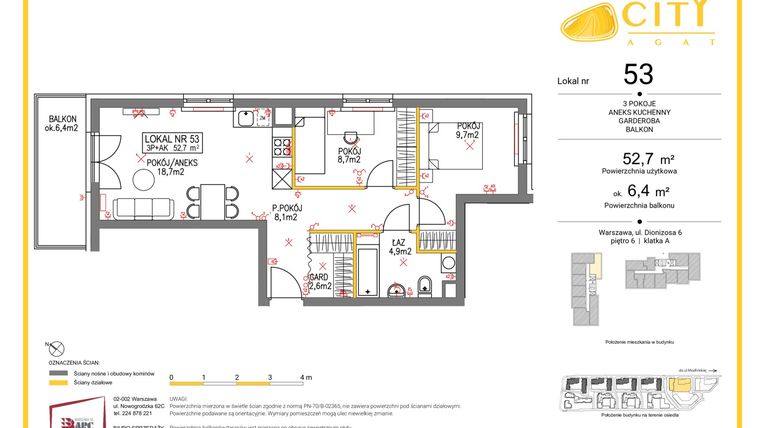 Rzut - Mieszkanie na sprzedaż 3 pokoje o powierzchni 52,7 m² - numer 53 w Comfort City Agat