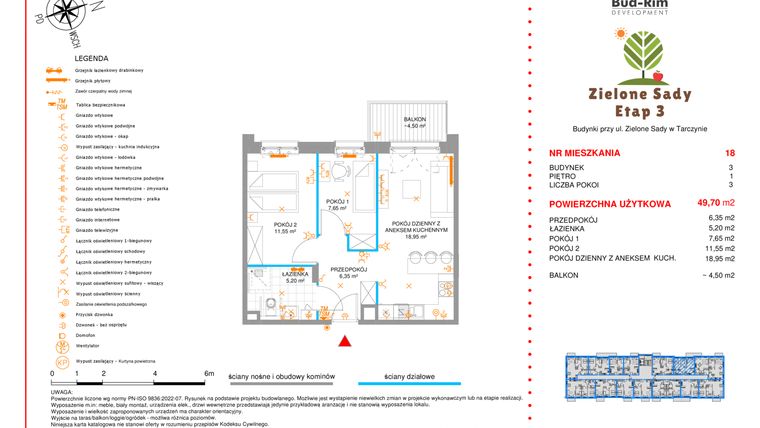 Rzut - Mieszkanie na sprzedaż 3 pokoje o powierzchni 49,7 m² - numer 18 w Zielone Sady etap III