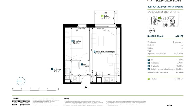 Rzut - Mieszkanie na sprzedaż 2 pokoje o powierzchni 37,95 m² - numer AA0107 w Stacja Rembertów