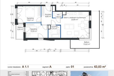 Rzut - Mieszkanie na sprzedaż 3 pokoje o powierzchni 63,03 m² - numer A 1.1 w Nowe Zabłocie