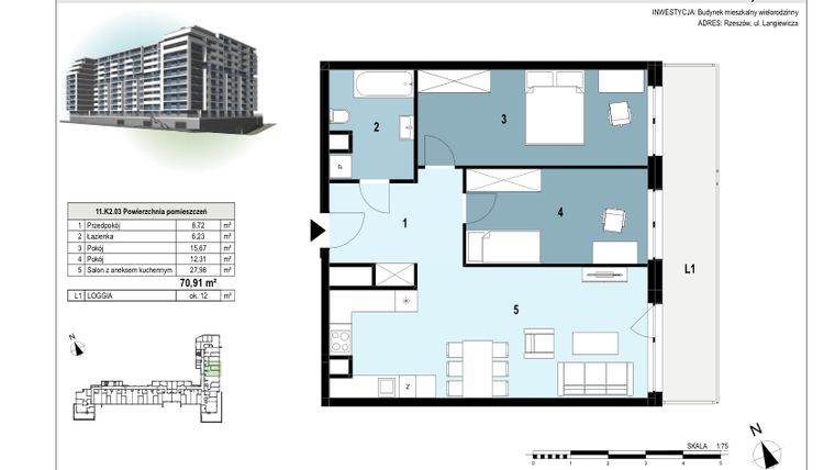 Rzut - Mieszkanie na sprzedaż 3 pokoje o powierzchni 70,94 m² - numer 225 w Langiewicza 37