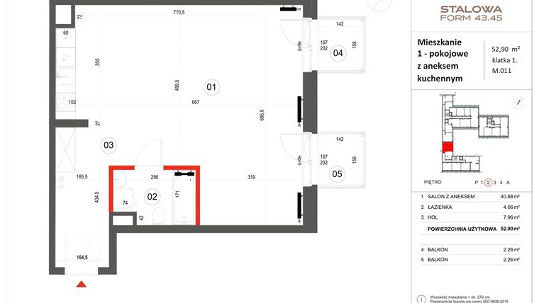 Rzut - Mieszkanie na sprzedaż 1 pokój o powierzchni 52,91 m² - numer 11 w Stalowa Form 43.45