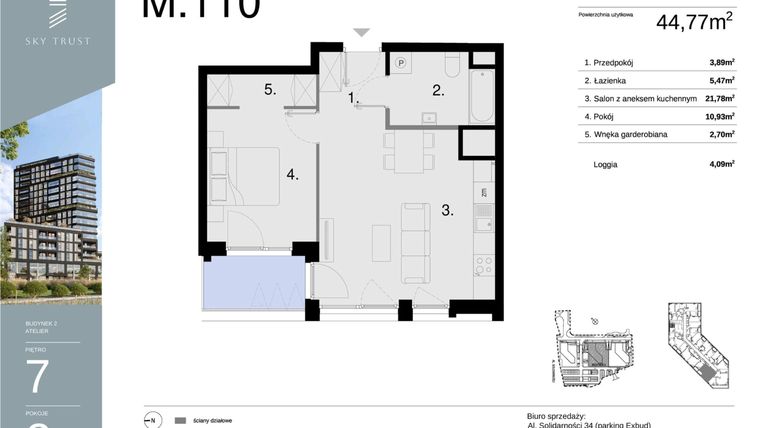 Rzut - Mieszkanie na sprzedaż 2 pokoje o powierzchni 44,77 m² - numer M110 w Sky Trust etap II