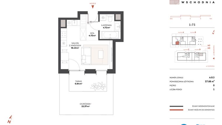 Rzut - Mieszkanie na sprzedaż 1 pokój o powierzchni 27,88 m² - numer A.0.3 w Drucianka Wschodnia