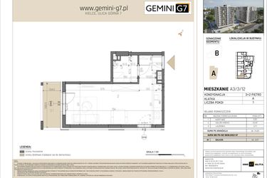 Rzut - Mieszkanie na sprzedaż 1 pokój o powierzchni 31,23 m² - numer A3/3/12 w GEMINI G-7