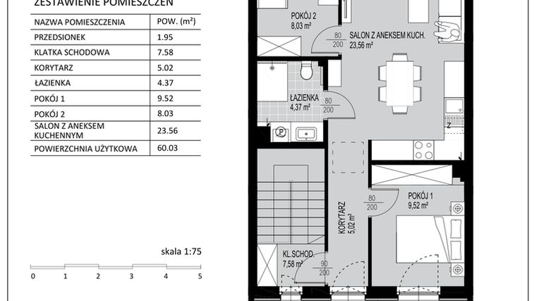 Rzut - Mieszkanie na sprzedaż 3 pokoje o powierzchni 60,03 m² - numer D6 w Kowalove etap 2