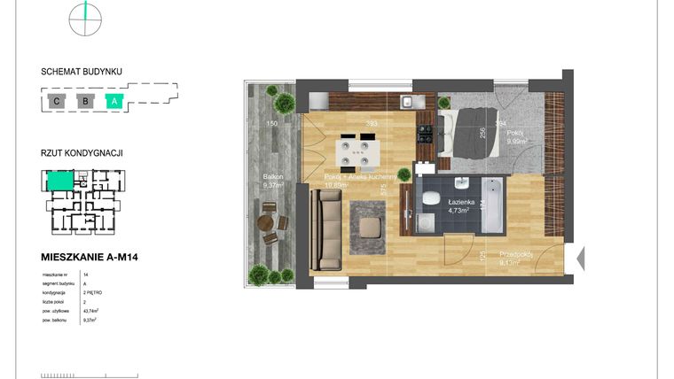 Rzut - Mieszkanie na sprzedaż 2 pokoje o powierzchni 43,74 m² - numer A-M14 w Bunscha Park 4.0