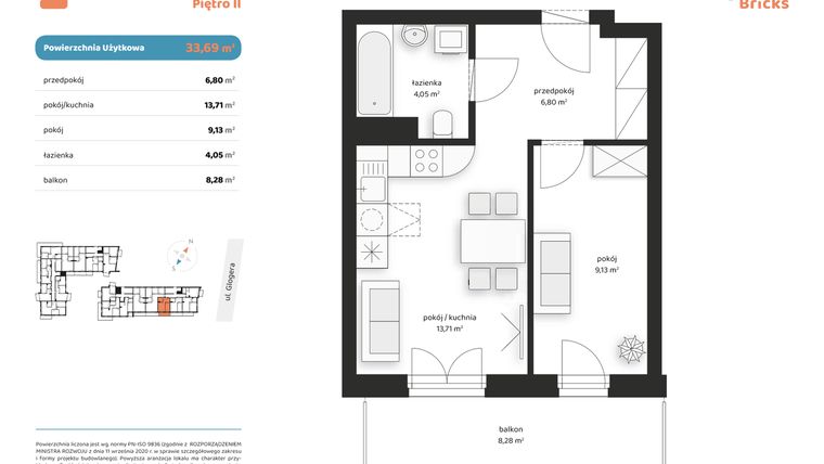 Rzut - Mieszkanie na sprzedaż 2 pokoje o powierzchni 33,69 m² - numer M I.2.4 w Glogera Bricks