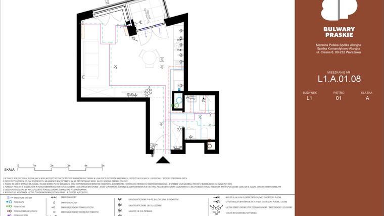 Rzut - Mieszkanie na sprzedaż 1 pokój o powierzchni 35,9 m² - numer L1.A.01.08 w Bulwary Praskie etap K i L