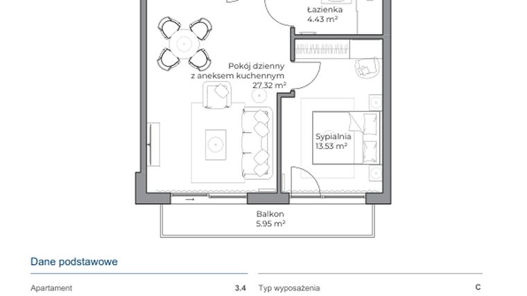 Rzut - Mieszkanie na sprzedaż 2 pokoje o powierzchni 44,78 m² - numer B.3.4 w Anchoria Holiday