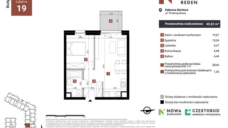 Rzut - Mieszkanie na sprzedaż 2 pokoje o powierzchni 40,02 m² - numer A19 w Nowy Reden
