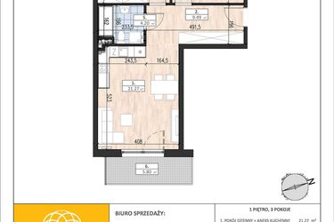 Rzut - Mieszkanie na sprzedaż 3 pokoje o powierzchni 57,68 m² - numer B1/1/1 w ACCANTO
