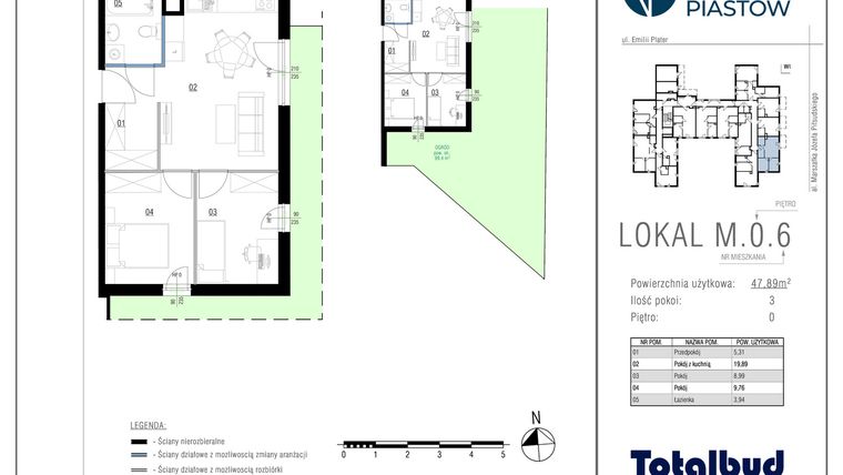 Rzut - Mieszkanie na sprzedaż 3 pokoje o powierzchni 47,89 m² - numer M.0.6 w Viva Piastów