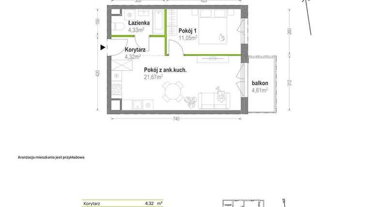 Rzut - Mieszkanie na sprzedaż 2 pokoje o powierzchni 41,37 m² - numer A.A.1.05 w Głębocka Vita