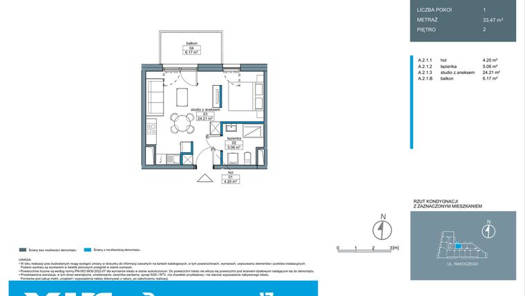 Rzut - Mieszkanie na sprzedaż 1 pokój o powierzchni 33,43 m² - numer A.2.1 w Rakoczego 17
