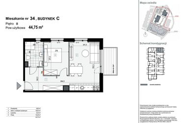 Rzut - Mieszkanie na sprzedaż 2 pokoje o powierzchni 44,75 m² - numer C34 w Apartamenty Kopernika