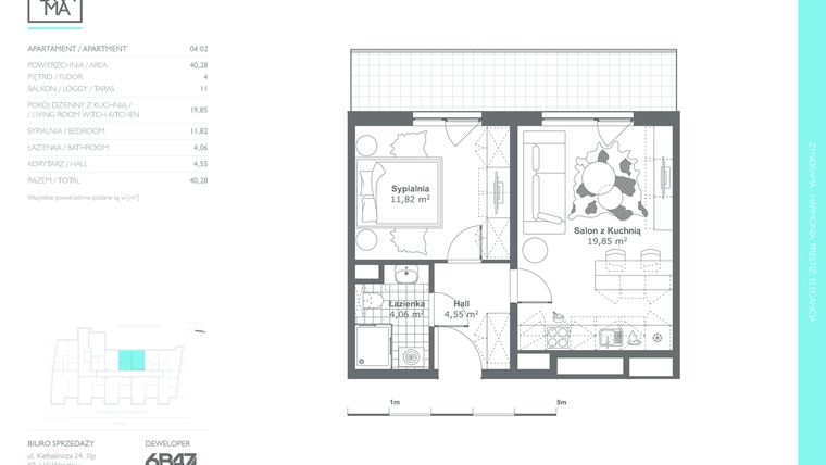 Rzut - Mieszkanie na sprzedaż 2 pokoje o powierzchni 40,28 m² - numer M4.2 w Zyndrama