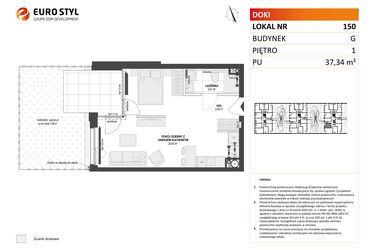Rzut - Mieszkanie na sprzedaż 1 pokój o powierzchni 37,34 m² - numer G.150 w DOKI Living etap II