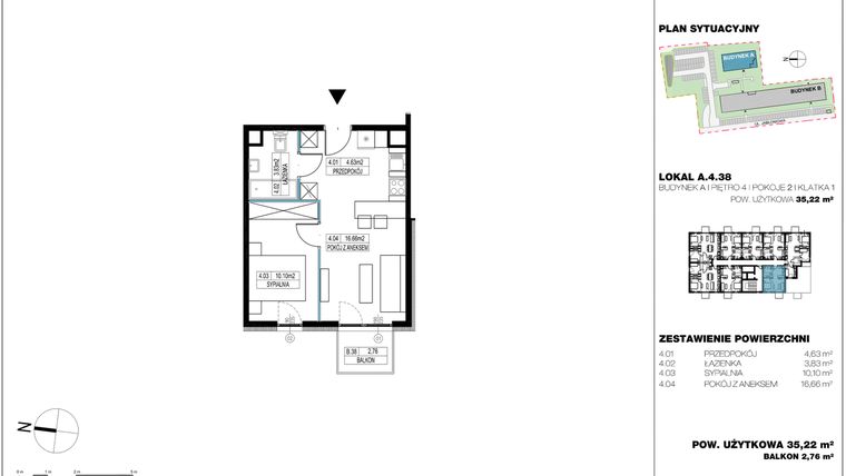 Rzut - Mieszkanie na sprzedaż 2 pokoje o powierzchni 35,69 m² - numer A.4.38 w Jabłonova