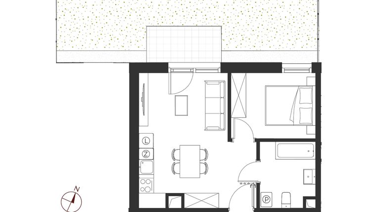 Rzut - Mieszkanie na sprzedaż 2 pokoje o powierzchni 36,8 m² - numer B.0.1 w Apartamenty Symfonia