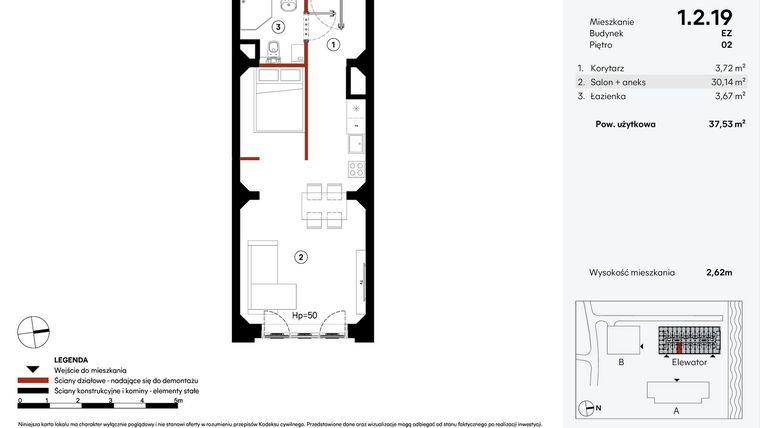 Rzut - Mieszkanie na sprzedaż 1 pokój o powierzchni 37,53 m² - numer EZ.1.2.19 w Elewator - Mieszkania i Lofty