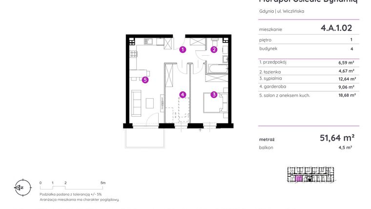 Rzut - Mieszkanie na sprzedaż 2 pokoje o powierzchni 51,64 m² - numer 4.A.1.02 w Murapol Osiedle Dynamiq