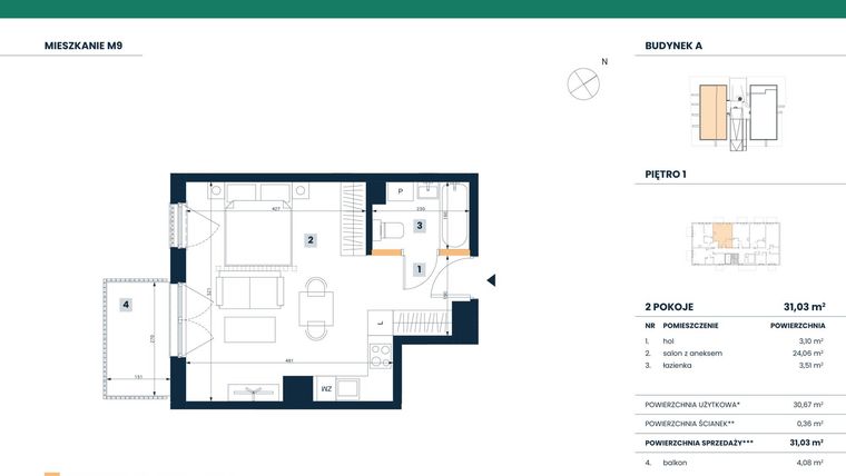 Rzut - Mieszkanie na sprzedaż 2 pokoje o powierzchni 31,03 m² - numer M09 w Reneta