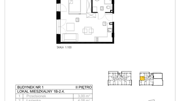 Rzut - Mieszkanie na sprzedaż 1 pokój o powierzchni 31,62 m² - numer 1B-2.4 w Gardenia Pogodno