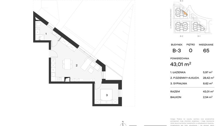 Rzut - Mieszkanie na sprzedaż 2 pokoje o powierzchni 43,01 m² - numer 65 w Koncertowa Dolina