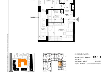 Rzut - Mieszkanie na sprzedaż 2 pokoje o powierzchni 45,55 m² - numer FB.1.1 w Nowy Folwark