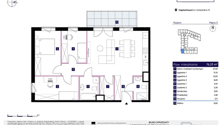 Rzut - Mieszkanie na sprzedaż 4 pokoje o powierzchni 76,23 m² - numer 15/118 w Osiedle Neonowe