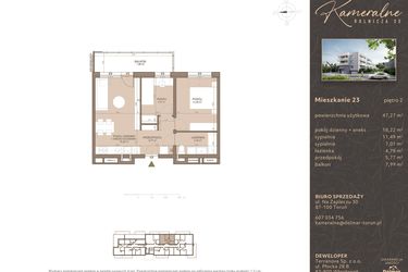Rzut - Mieszkanie na sprzedaż 3 pokoje o powierzchni 47,27 m² - numer M-23 w Kameralne