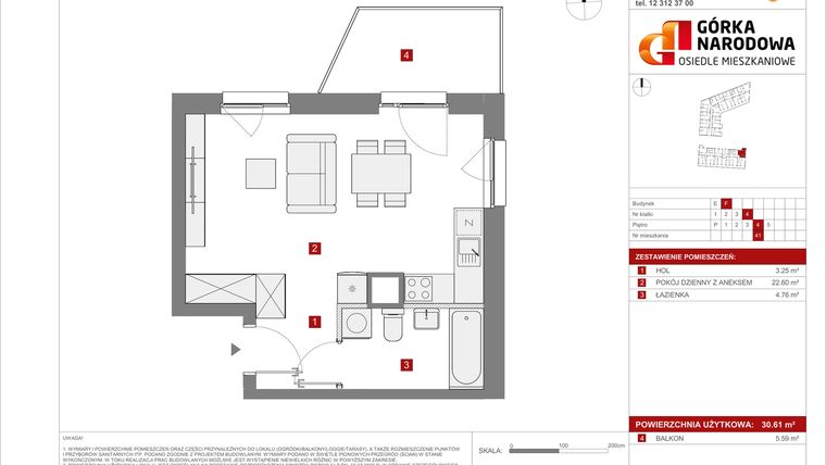 Rzut - Mieszkanie na sprzedaż 1 pokój o powierzchni 30,61 m² - numer 5.3.F.41 w Osiedle Górka Narodowa etap 5