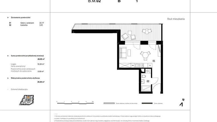 Rzut - Mieszkanie na sprzedaż 1 pokój o powierzchni 45,43 m² - numer B.M.02 w VIDOK