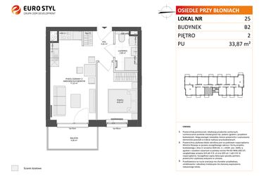 Rzut - Mieszkanie na sprzedaż 2 pokoje o powierzchni 33,87 m² - numer B2.25 w Osiedle Przy Błoniach 3 etap III