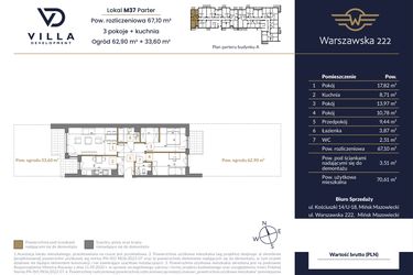 Rzut - Mieszkanie na sprzedaż 3 pokoje o powierzchni 67,1 m² - numer 37A w Warszawska 222