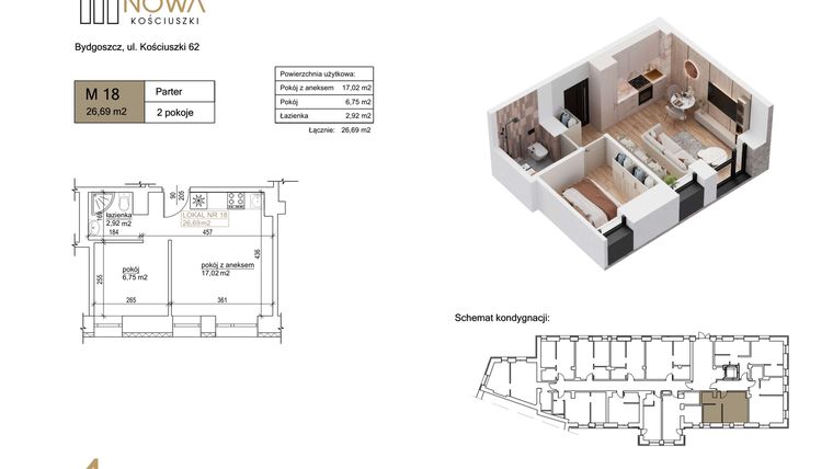 Rzut - Mieszkanie na sprzedaż 2 pokoje o powierzchni 26,69 m² - numer 18 w Nowa Kościuszki