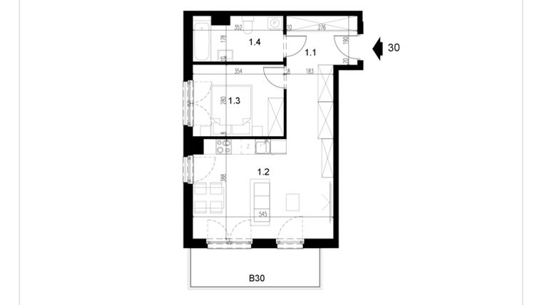 Rzut - Mieszkanie na sprzedaż 2 pokoje o powierzchni 46,88 m² - numer LM30 w Kameralna Koszykarska