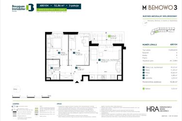 Rzut - Mieszkanie na sprzedaż 3 pokoje o powierzchni 52,86 m² - numer AB0104 w M Bemowo 3