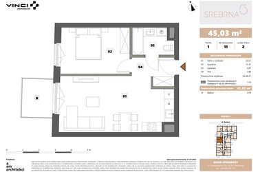 Rzut - Mieszkanie na sprzedaż 2 pokoje o powierzchni 45,03 m² - numer 11 w Srebrna 5