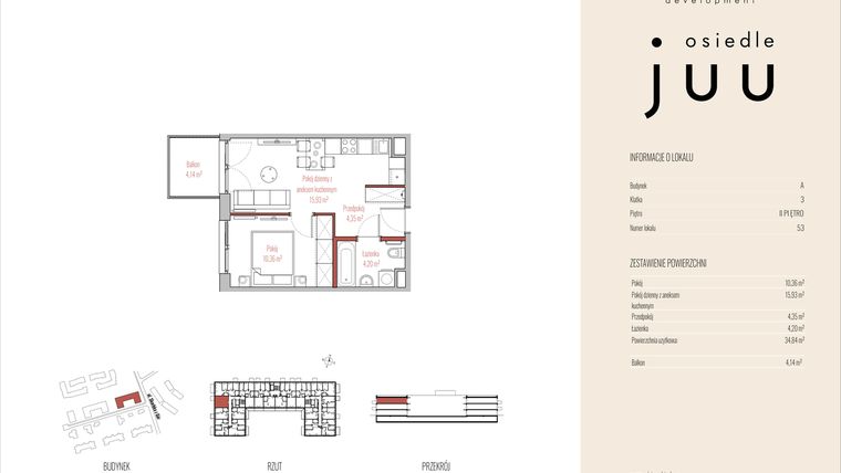 Rzut - Mieszkanie na sprzedaż 2 pokoje o powierzchni 34,84 m² - numer A.M053 w Osiedle Juu