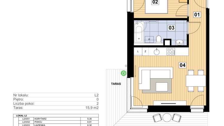Rzut - Mieszkanie na sprzedaż 2 pokoje o powierzchni 41,36 m² - numer L-2 w Mickiewicza 21 Residence