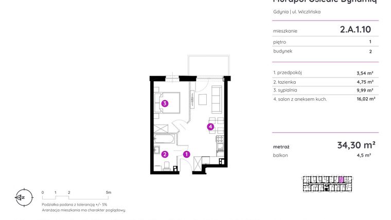Rzut - Mieszkanie na sprzedaż 2 pokoje o powierzchni 34,3 m² - numer 2.A.1.10 w Murapol Osiedle Dynamiq