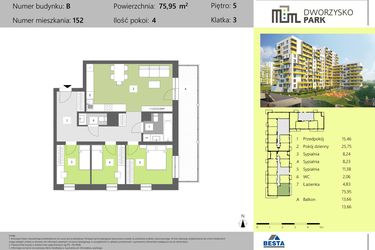 Rzut - Mieszkanie na sprzedaż 4 pokoje o powierzchni 75,95 m² - numer 152 w Dworzysko Park - Etap II