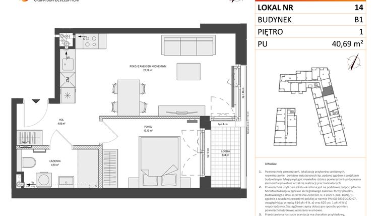 Rzut - Mieszkanie na sprzedaż 2 pokoje o powierzchni 40,69 m² - numer B1.14 w Zajezdnia Motława