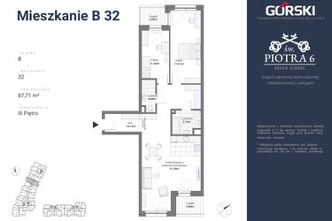 Rzut - Mieszkanie na sprzedaż 3 pokoje o powierzchni 87,71 m² - numer B32 w Św. Piotra