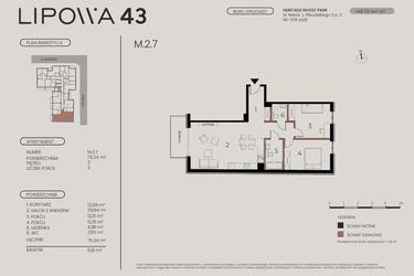 Rzut - Mieszkanie na sprzedaż 3 pokoje o powierzchni 75,24 m² - numer M.2.7 w Lipowa 43
