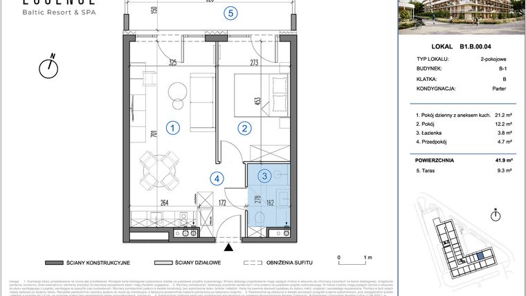 Rzut - Mieszkanie na sprzedaż 2 pokoje o powierzchni 41,9 m² - numer B1.B.00.04 w ESSENSE Baltic Resort&SPA 2 - apartamenty inwestycyjne