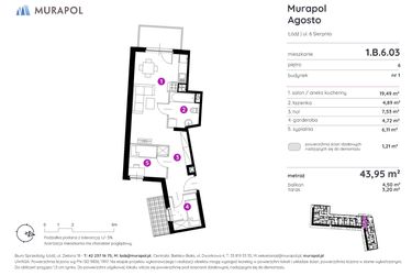 Rzut - Mieszkanie na sprzedaż 2 pokoje o powierzchni 43,79 m² - numer 1.B.6.03 w Murapol Agosto