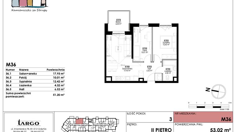 Rzut - Mieszkanie na sprzedaż 3 pokoje o powierzchni 51,2 m² - numer M36 w Kamieniczki za Strugą